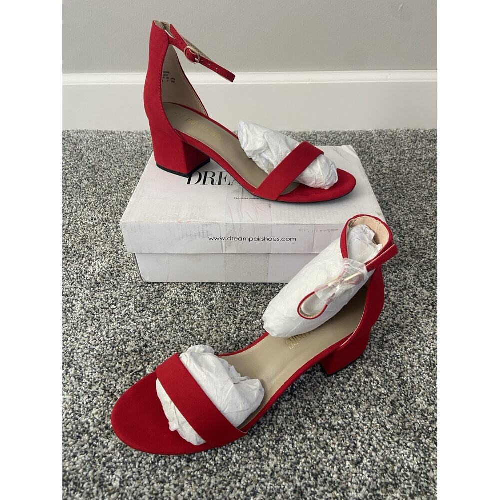 Women's Dream Pairs Red Strappy Sandals Block Heel Faux Suede Size 7 - Picture 2 of 6